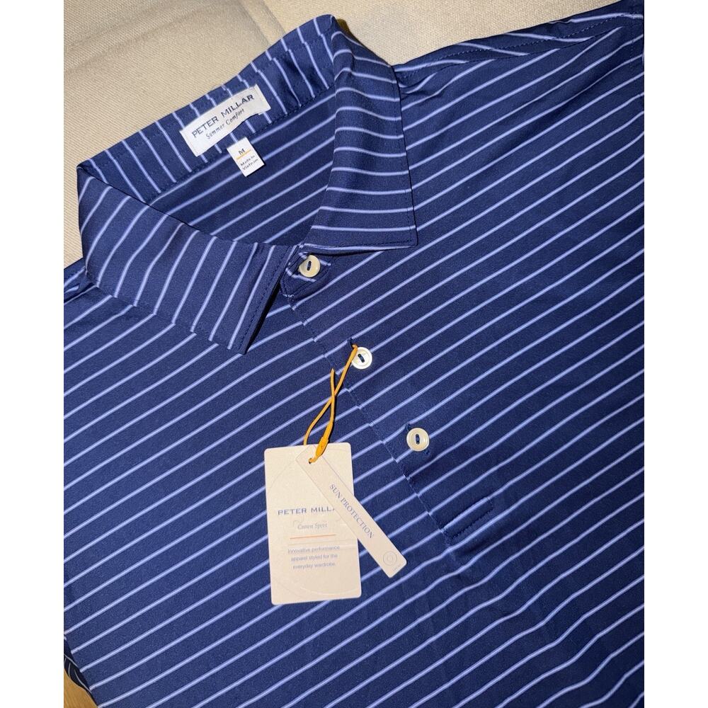 Peter Millar Men's Medium Crown Golf Polo Shirt Blue Striped - NWT M